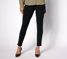 A must in your multi-season wardrobe, these knit slim pants are the pair you'll put on to work the room or spend time with the fam. A flat front waistband imparts confidence to tuck your top or pair with a cropped jacket. From Women with Control®. Stretch Business Casual Dress Pants With Elastic Waistband, Stretch Dress Pants With Elastic Waistband For Business Casual, Business Casual Stretch Pants With Elastic Waistband, Versatile Pull-on Pants For Business Casual, Comfort Stretch Straight Dress Pants For Work, Straight Leg Workwear Leggings, Mid-rise Pull-on Dress Pants For Work, Stretch Workwear Bottoms With Pull-on Style, Business Casual Elastane Leggings Trousers