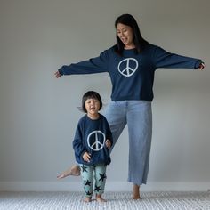 This sweatshirt will match perfectly with our kids version! Available in two sizes S/M and M/L. - 100% Cotton- 100% Mommy and Me!! *All models are wearing size SM. *it may shrink a bit in the first wash, size up if you are in between sizes or you like the oversize look Blue French Terry Sweats For Loungewear, Blue Cotton Sweatshirt For Everyday, Blue Cotton Everyday Sweatshirt, Playful Crew Neck Tops With Ribbed Cuffs, Blue Long Sleeve Sweatshirt For Everyday, Blue French Terry Tops For Winter, Casual Unisex Sweatshirt With Screen Print, Family Matching Graphic Print Sweatshirt, Playful Oversized Crew Neck Sweatshirt