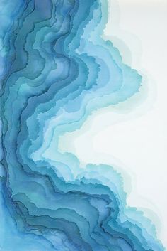 an abstract painting in blue and white with wavy lines on the bottom half of it