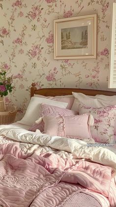 a bed with pink comforters and pillows in a room that has floral wallpaper on the walls