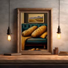 an oil painting of a couch with yellow pillows on it in front of a wall