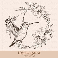 a hummingbird sitting on top of a tree branch with flowers around it and the words humming