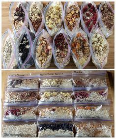 several bags filled with different types of granola