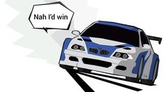 a blue and white car with a speech bubble saying nahh d'awn