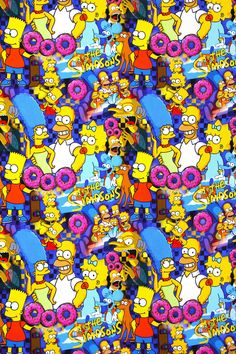 the simpsons characters are eating donuts in this colorful wallpaper pattern that is all over the place