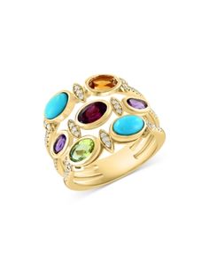 Bloomingdale's Fine Collection Turquoise, Amethyst, Citrine, Rhodolite, Peridot & Diamond Triple Row Ring in 14K Yellow Gold - Exclusive Luxury Multi-stone Yellow Gold Gemstones, Multicolor Cabochon Gemstones Fine Jewelry, Fine Jewelry Multicolor Cabochon Gemstones, Multicolor Cabochon Gemstones For Fine Jewelry, Heirloom Yellow Gold Gemstones With Accents, Heirloom Multi-stone Yellow Gold Gemstones, Elegant Multi-stone Turquoise Gemstones, Yellow Gold Multi-stone Fusion Gemstones, Fusion Style Multi-stone Yellow Gold Gemstones