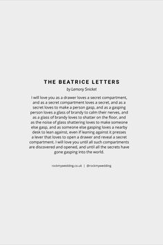 The Beatrice Letters wedding reading by Lemony Snicket Lemony Snicket Beatrice, Wedding Readings Funny, Certified Lover Girl, Wizard Tower, Wedding Reading, Letters Wedding, Reading Inspiration