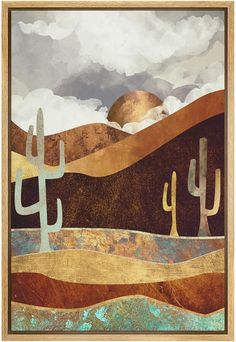 desert scene with cactus trees, mountains and clouds in wood frame on white paper background