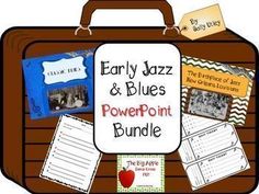 an old suitcase with the words early jazz and blues powerpoint bundle on it's side