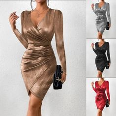 This Dress is fashionable for every occasion. the dress is made-to-order by professional tailors. You can choose from 50 colors, Regular sizes 2 to 16 and plus sizes 14w to 26W. Custom size is also available.. The product details: Age: JUNIOR, Closure Type: Pullover, Decoration: Folds, Dresses Length: Above Knee, Mini, Elasticity: Slight Strech, Fabric Type: Polyester, Fit Type: Slim Fit, Gender: Women, Material: Polyester, Material Composition: Synthetic fiber, Neckline: V-Neck, Pattern Type: S Elegant Gold Mini Dress For Fall, Elegant Gold Mini Dress For Dinner, Fit Lady, Backless Dresses, How To Fold Sleeves, Autumn 2022, Ruched Bodycon Dress, Solid Color Dress, Mini Dresses For Women