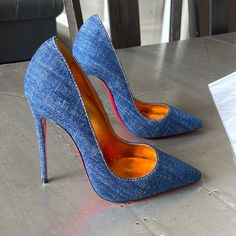 Brand New With Box And Dustbag Guaranteed Authentic Size 37 926 Dupl Heels Must Have, Expensive Shoes Luxury, Blue And Gold Heels, Fashion Shoes Heels Classy, Cute Heels Classy, Jean Heels, Blue High Heel Shoes, Shoes Louboutin, Red Bottom High Heels