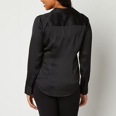 This satin women's blouse by Worthington is a tailored, on-trend essential to wear to the office with chinos or jeans and boots. It has a spread collar, v-neckline, long sleeves, button cuffs, a curved hem for easy layering, and a button-down placket.Closure Type: ButtonFit: Regular FitNeckline: Collar NeckSleeve Length: Long SleeveSleeve Style: Cuffed SleeveApparel Length: 25.75 InchesFiber Content: 100% PolyesterFabric Description: SatinCollar: Point CollarCare: Tumble Dry, Machine WashCountr… Sleek Shirt With Button Closure, Fitted Tops With Placket And Shirttail Hem, Fitted Top With Placket And Shirttail Hem, Sleek Buttoned Tops For Fall, Sleek Fitted Tops With Button Closure, Slim Fit Collared Blouse With Buttons, Sleek Collared Top With Button Closure, Slim Fit Button-up Blouse With Buttons, Slim Fit Button-up Blouse