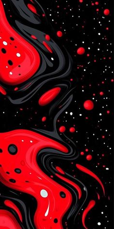 red and black abstract painting with white dots on the bottom right hand corner, dark background