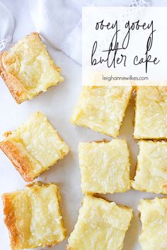 some pieces of cake sitting on top of a white surface with the words overlay