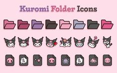 some kind of animal stickers on a pink background with the words kuromi folder icons