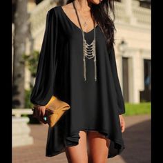 2 Available. Perfect Little Black Dress! Kimono Poly/Chiffon Asymmetrical Style Dress Has A Deep V-Neck And Split Sleeves. It Has A Loose Fit And Can Be Dressed Up Or Down. Purchased In An L.A. Boutique. Tag Says Medium But It Fits A Size 4/6. Length Is 29" In Front, 34-1/2" In Back, Bust Measures 33"-36". Model (My Daughter) Is 5'6" And Wears A Size 4/6. Cherry Print Dress, Short Beach Dresses, Mode Shoes, Short Dress White, Boho Dresses Long, Summer Black Dress, Dress Chiffon, Floral Dresses Long, Loose Fitting Dresses