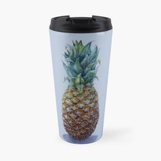 a pineapple on a blue background travel mug