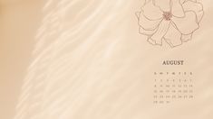 an august calendar with a flower on the front and back side, in sepia tones