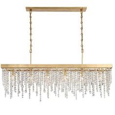 a chandelier hanging from the ceiling with crystal beads on it's chain