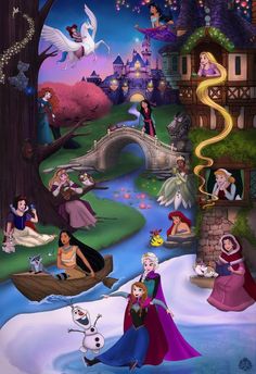 disney princesses and their families in the snow