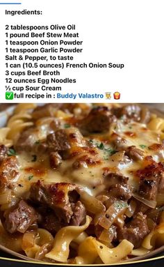 an image of a plate of pasta with meat and cheese on it that includes ingredients