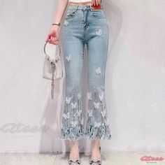 Qteee - Stylish Denim Pants with Rhinestone Butterfly Decorations Printed Denim Dress, Ripped Denim Pants, Sharp Scissors, Denim Outfits, Butterfly Decor, Embellished Denim, Butterfly Decorations, Ripped Denim, Printed Denim