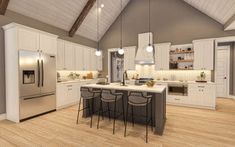 a large open concept kitchen with white cabinets and stainless steel appliances, along with bar stools