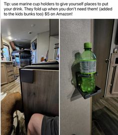 two photos side by side one has a bottle and the other has a dog