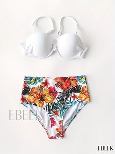 Ebeek - Tropical Print Casual Bikini Set: Spaghetti Straps, Tie Back, High Waist and High Cut - Two-Piece Swimsuit for Womens Swimwear & Clothing White Underwire Tankini For The Beach, White Underwire Tankini For Beach Season, White Halter Neck Swimwear With Tropical Print, White Underwire Tankini For Vacation, White Tropical Underwire Swimwear, Tropical White Underwire Swimwear, 2 Piece Swimsuits, Swimwear Outfit, High Cut