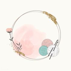 two balls of yarn and knitting needles in a circle on a pink watercolor background