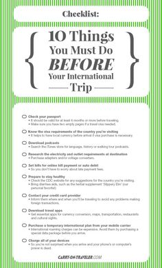 a green and white checklist with the words 10 things you must do before your international trip