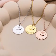 Celebrate love with our Minimalist Gold Heart and Name Necklace. This personalized necklace features a delicate heart charm and custom name engraving, making it a unique jewelry piece. Ideal for anniversaries, birthdays, or just because, it's a thoughtful gift for her. This double disc pendant adds a touch of elegance to any outfit. Show someone special how much you care with this beautiful, custom-made necklace.  - Material: High Quality Solid 925 Sterling Silver - Dimensions: 14mm - 8 mm - Finish: 14k Gold, 14k Rose Gold, 14k White Gold - Each piece of our jewelry is unique and lovingly handcrafted for you only ♡ HOW ∙ TO ∙ ORDER - Select chain length. - Select your preferred finish. - Use the 'PERSONALIZATION BOX' to tell us your preferred INITIAL and FONT NUMBER and HEART SYMBOL ✦ Init Minimalist Double Heart Necklace For Personalized Gift, Engraved Heart Charm Necklaces For Birthday, Minimalist Necklace With Heart Charm For Personalized Gift, Customizable Heart Pendant Charm Necklaces For Birthday, Custom Name Heart Pendant Charm Necklace For Birthday, Personalized Double Heart Necklaces For Birthday, Personalized Heart Pendant Charm Necklace For Birthday, Customizable Heart Pendant Charm Necklace For Birthday, Personalized Double Heart Charm Necklace For Personalized Gift