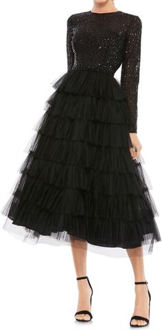 Mac Duggal Sequin Tiered Long Sleeve Tulle Dress | Nordstrom After Five Dresses, Long Sleeve Tulle Dress, Tulle Cocktail Dress, New Chic, Tiered Midi Dress, Mac Duggal, Tea Length Dresses, Lined Skirt, Tulle Dress