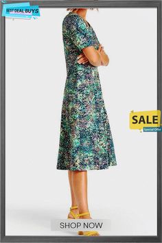 Vintage Print Buttoned V-neck Paneled Midi Dress Multicolor V-neck Stretch Midi Dress, Summer V-neck Stretch Midi Dress, Stretch V-neck Midi Dress For Summer, Multicolor V-neck Stretch Dress, Multicolor Stretch V-neck Dress, Holiday Patterns, Green Midi Dress, Color Pick, Vintage Holiday