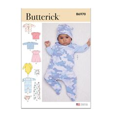 a baby's outfit and footie sewing pattern, butterick