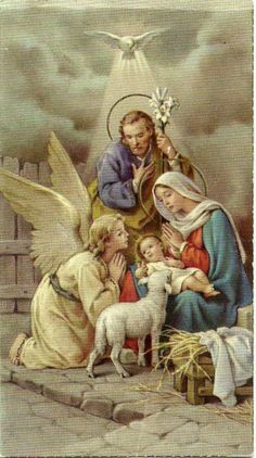 an image of the birth of jesus with angels and sheeps in front of him