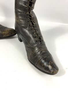 These Antique leather women's high heel boots have the perfect amount of wear to be worn or displayed! They're and amazing pair and quite early - one has info on the sole about the Mishawaka MFG plant. They're lovely vintage boots with a nice high heel. They do have wear to the leather (see photos) and the leather is a bit fragile on the surface, but they're an incredible find. Please contact me with your questions! Vintage Leather Lace-up Ankle-high Boots, Vintage Leather Ankle-high Lace-up Boots, Vintage Ankle-high Leather Lace-up Boots, Vintage Brown High Heel Lace-up Boots, Victorian Boots With Leather Sole, Historical Formal Boots With Leather Sole, Historical Formal Boots With Round Toe, Historical Round Toe Boots For Formal Occasions, Historical Round Toe Formal Boots