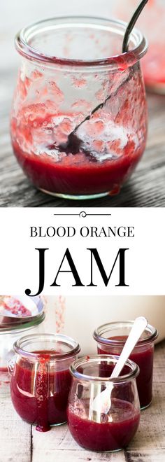 blood orange jam in jars with spoons on the side and text overlay reading blood orange jam