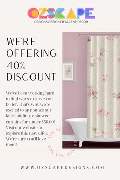 an advertisement for a shower curtain with pink roses on it and the words we're offering