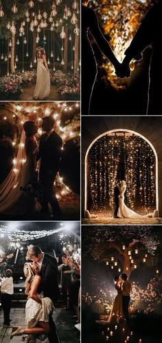 wedding photos taken at night with lights in the background