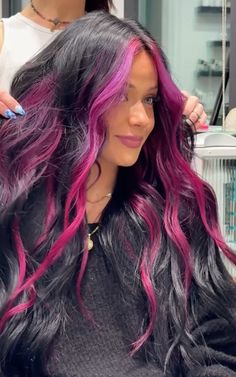 Pink And Purple Highlights On Black Hair, Dark Purple Pink Hair, Curly Hair Vivid Color, Purple And Red Hair Ombre, Dark Roots Pink Hair Balayage, Black And Hot Pink Hair, Pink Purple Highlights, Black Hair With Pink Highlights, Black Hair Haircuts