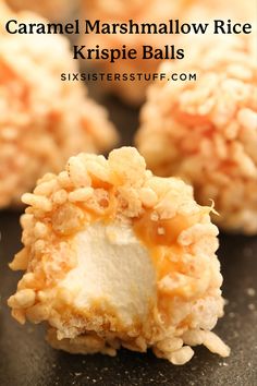 caramel marshmallow rice krispie balls on a black surface with text overlay