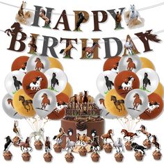 PRICES MAY VARY. 🐎 Horse Party Supplies - Include all the parts you need for a Horse Birthday Theme Party. 1pcs HAPPY BIRTHDAY banner, 1pcs 4.06 x 5.91 inches big cake topper, 20 pcs 12 inches latex balloons in 4 patterns, 15 pcs various pony patterns cupcake toppers, 2 pcs roll of 10m ribbons. 🐎 HAPPY BIRTHDAY Design - The design of Spirit Horse Party Decorations is inspired by the western cowboy theme. These horse-themed decorations are the embodiment of western cowboy culture. Various diffe Horse Happy Birthday, Horse Birthday Party, Pony Birthday Party, Horse Birthday, Happy Birthday Banner, Birthday Party Decoration, Horse Racing, Birthday Banner, Party Decoration