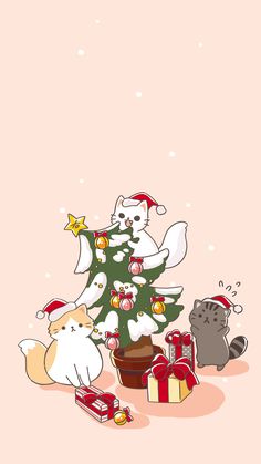 two cats and a christmas tree on a pink background