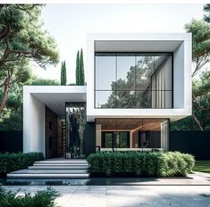 the modern house is surrounded by greenery and trees, with stairs leading up to it