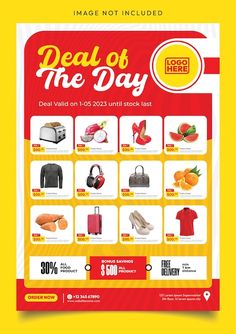 a flyer for the sale of clothing and accessories in red, yellow and white colors