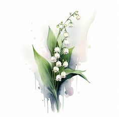 watercolor painting of lily of the valley on white background with splashing paint effect