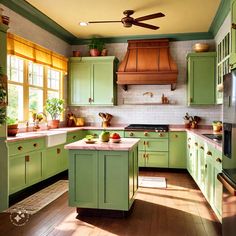 a kitchen with green cabinets and wooden floors, an island in the middle has fruit on it