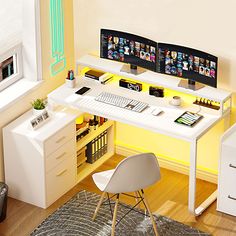 a computer desk with two monitors on top of it next to a white chair and yellow wall