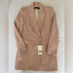 Zara Light Pink Tweed Blazer/Jacket With Cute Buttons Nwt In Great Condition Size M Beige Double-breasted Tweed Jacket For Work, Spring Tweed Jacket With Suit Collar And Pockets, Spring Double-breasted Long Sleeve Tweed Jacket, Zara Single Breasted Fall Blazer, Zara Double-breasted Fall Blazer, Classic Double-breasted Tweed Jacket For Spring, Classic Double-breasted Spring Tweed Jacket, Classic Spring Double-breasted Tweed Jacket, Zara Notch Lapel Blazer For Fall